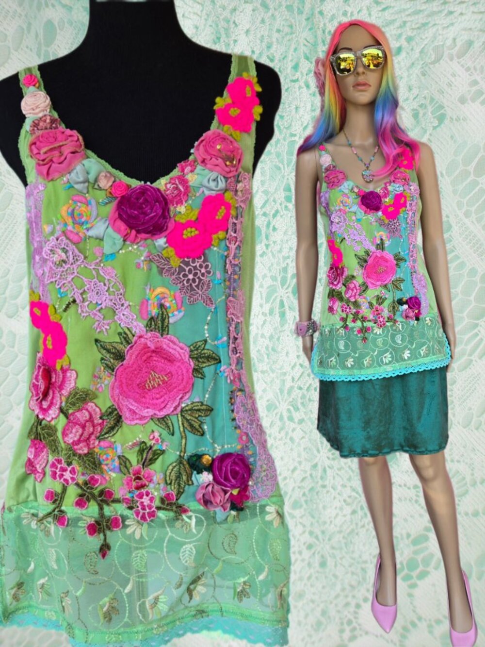 "Rambling Rose" Handmade Sleeveless Embroidered Blouse - OOAK - Art -  Sz Medium